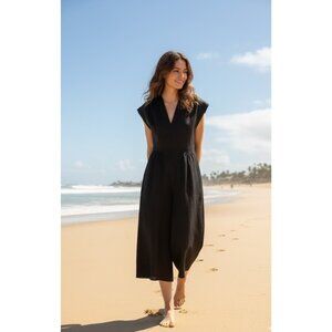 NWT Rebecca Taylor Linen Jumpsuit in Black Wide Leg Crop Jumper 12 $325